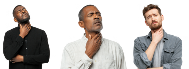 Man suffering from sore throat and neck pain holding throat in discomfort isolated on transparent background png
