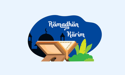 Al Quran Illustration with Mosque and Moon, Ramadan kareem holy month, Reading and studying the Al-Quran. Vector illustration in a flat style