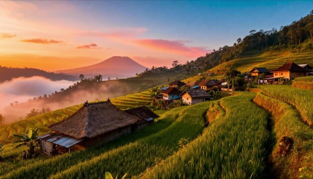 sunrise over vibrant green rice terraces and a rural village perfect for world wetlands day