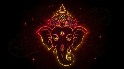Red and orange glowing ganesha head outline for ganesha chaturthi and sankashti chaturthi festivals with spark effects and paisley patterns for divine spiritual hindu wallpapers