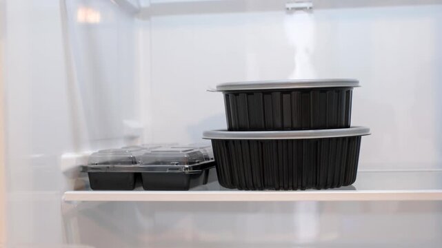 Close-up of round plastic boxes with lids containing food on shelf in a refrigerator.