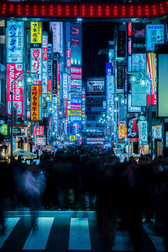 Kabukicho neon signs glowing in the night streets at Shinjuku, Tokyo