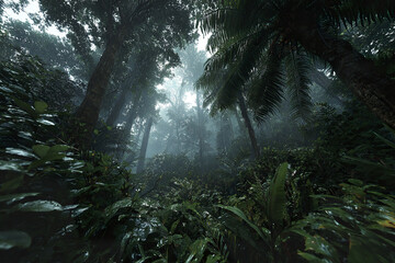 Naklejka premium Dense tropical forest with thick green vegetation and misty atmosphere, showcasing tall trees and lush undergrowth in serene natural environment