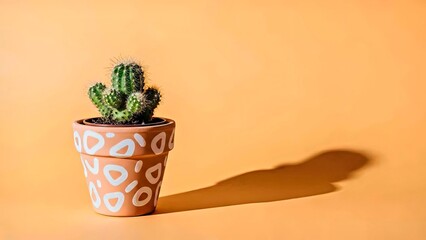 Modern Potted Cactus Plant in Decorative Geometric Pot on Vibrant Warm Orange Background