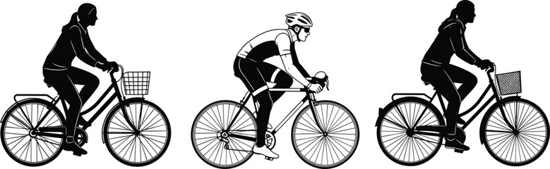 Obraz premium Detailed vector illustration of diverse cyclists riding bicycles in different styles and postures, showcasing urban commuting, sports cycling, and active lifestyle transportation concepts
