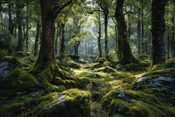Obraz premium Dense green forest with moss covered trees and rocks, soft sunlight filtering through canopy creating peaceful and serene natural atmosphere in woodland
