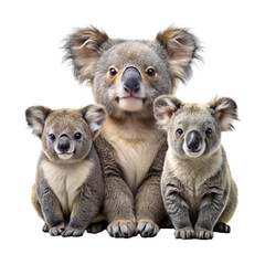Naklejka premium A heartwarming portrait of a koala family featuring an adult koala and two cute joeys
