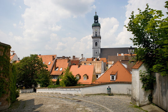 View of St. Georg Church and rooftops in Freising Bavaria on a sunny day