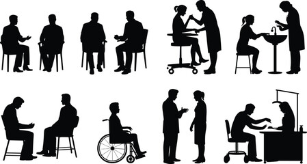 Medical consultation silhouette set showing doctor and patient interactions, healthcare treatment scenes, examinations, therapy, and clinical support concepts