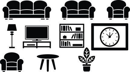 Living room furniture silhouette icon set with sofa, armchair, table, lamp, clock, bookshelf, and plant elements for modern interior design © LT studio