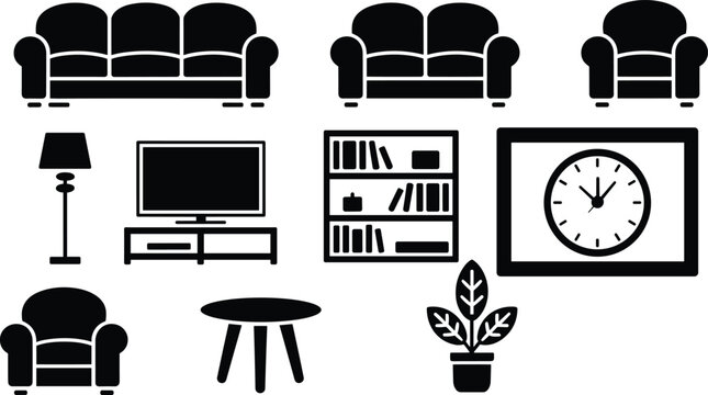 Living room furniture silhouette icon set with sofa, armchair, table, lamp, clock, bookshelf, and plant elements for modern interior design