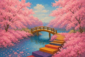 A serene wooden bridge path spans across calm lake water in an autumn forest park under a sunset sky, creating a beautiful nature landscape filled with fall trees and a rustic boardwalk