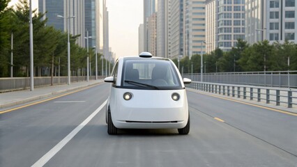 A futuristic autonomous vehicle drives on a modern city street, surrounded by skyscrapers and greenery.