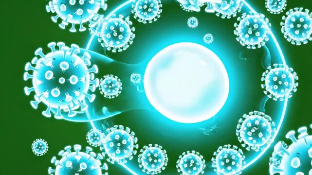 Detailed Cytomegalovirus Replication Animation with Glowing Blue Viral Particles on Green Screen Background for Medical