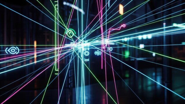 Dynamic digital network connections with glowing neon light paths symbolizing data flow and - Powered by Adobe