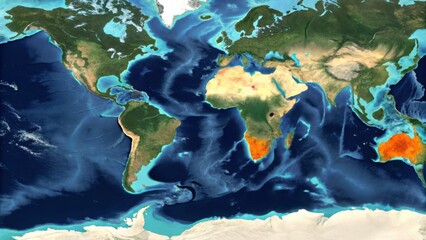 A detailed map of the world showcasing continents, oceans, and geographic features in vibrant colors.