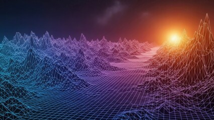 Futuristic digital mountain range with glowing sunrise horizon on a vibrant wireframe landscape