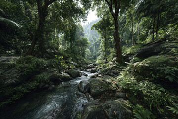 Obraz premium Dense rainforest with flowing stream surrounded by lush green trees and moss covered rocks, creating serene and vibrant natural wilderness scene full of life and tranquility