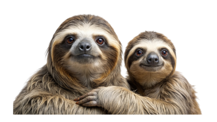 A close-up portrait of two sloths, likely mother and baby, looking directly forward
