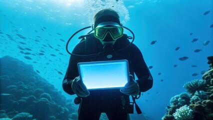 A scuba diver holds a glowing tablet underwater, surrounded by vibrant marine life and coral formations.