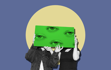 Collage art with a two women holding board with eyes