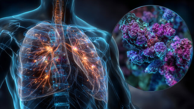 Fibrous-cavernous pulmonary tuberculosis and close-up view of Mycobacterium tuberculosis bacteria, 3D illustration showing cavity in the lung