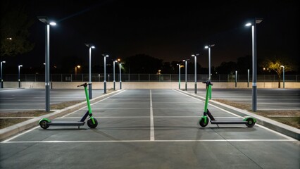 Two electric scooters stand in a nearly empty parking lot at night, illuminated by streetlights, creating a serene urban scene.