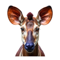 A captivating close-up portrait of an okapi with its unique facial markings staring directly forward