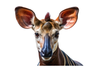 Striking close-up portrait of an okapi featuring large ears and unique face markings