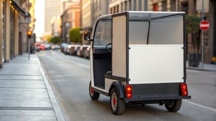 A small electric vehicle parked on a city street, showcasing a modern design with a minimalist white cargo area.