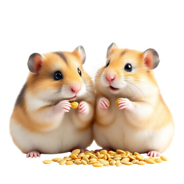 Two adorable hamsters eating seeds on transparent background