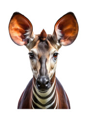 A close-up portrait of an okapi looking directly at the viewer on a dark background