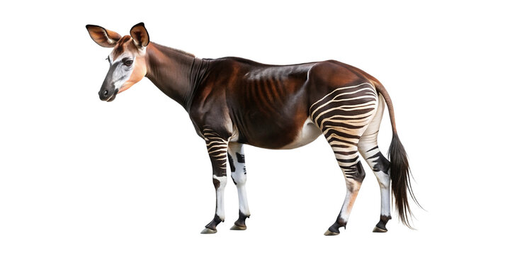 A full body shot of a rare okapi showcasing its unique zebra-like leg patterns