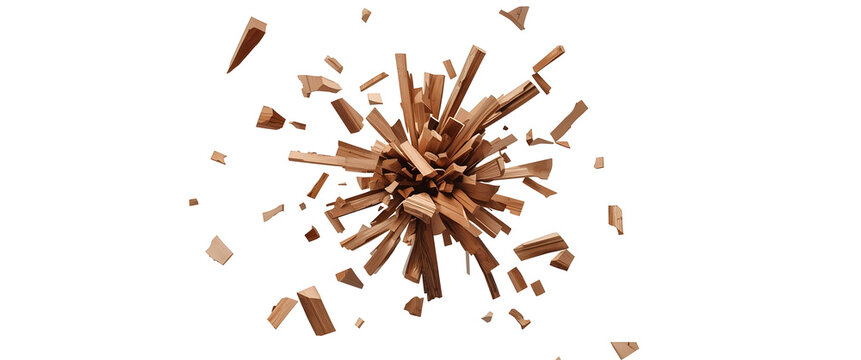 Explosive Fragment: A dynamic image capturing a burst of wooden fragments, suspended mid-air in a dramatic display of disintegration and chaotic beauty.