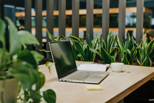 Modern office desk with laptop notebook and coffee cup indoors
