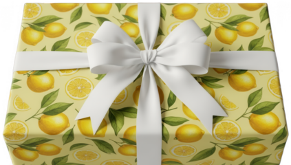 Close up of gift box wrapped in lemon patterned paper with white bow