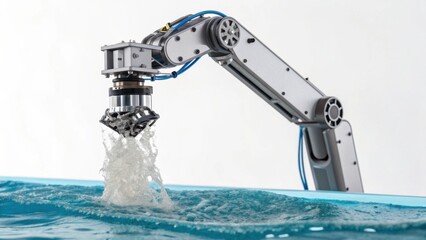 A robotic arm is submerged in water, demonstrating advanced technology with a focus on fluid dynamics and precision control.