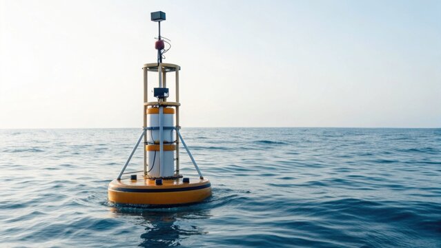 A buoy floats on calm ocean waters, equipped with instruments for monitoring environmental conditions and providing real-time data.