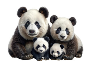 A close-up portrait of a giant panda family including two adults and two small cubs