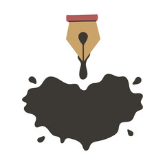 Ink Blot with Quill Pen. Heart Shaped Expressive liquid stain representing Writing chaos emotion love creativity imagination spontaneity. Vector Illustration
