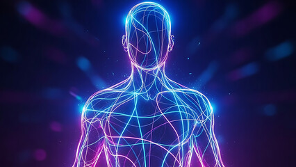 Abstract wireframe figure of a human body with glowing neon lines representing digital consciousness data flow and modern technology in a dark background with blue and magenta particle effects, 