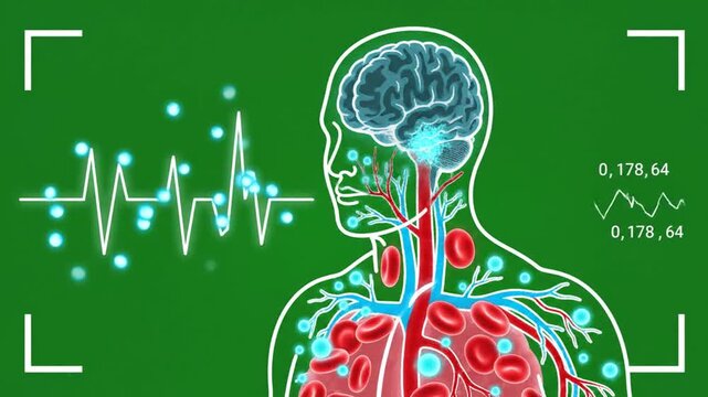 Futuristic Depiction of Hypoxia in Enclosed Spaces on Green Screen: Blue Veins, Brain Scan, Heart Rhythm, Medical