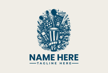 A blue vector illustration logo template featuring a cup surrounded by various objects on a clean white background, with space for a name and tagline.