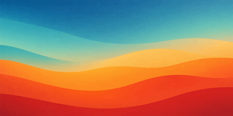 An abstract orange background vector illustration featuring a desert mountain landscape silhouette under a glowing sunset sky with yellow clouds at dawn