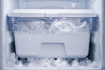 Plastic container full of ice cubes is placed in the freezer compartment of a modern refrigerator