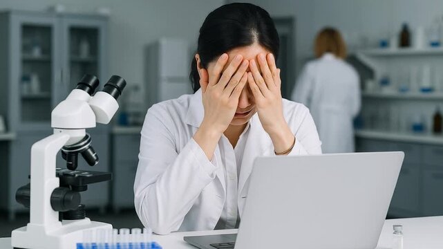 Stressed young female scientist in a modern laboratory. Young research biologist with a bad headache feeling tired from sitting at desk all day. 
