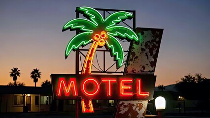 Retro Neon Palm Tree Motel Sign Against a Vibrant Desert Sunset Sky Vintage Style