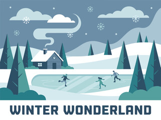 Winter wonderland scene with people ice skating on frozen lake near snowy cabin