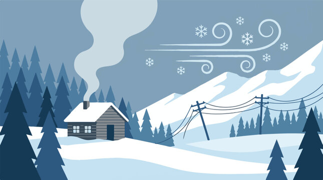 Winter cabin in snowy mountain forest with wind and falling snow illustration