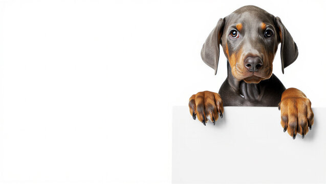 Cute doberman puppy dog paws holding onto blank white board isolated on white background for copy spac
